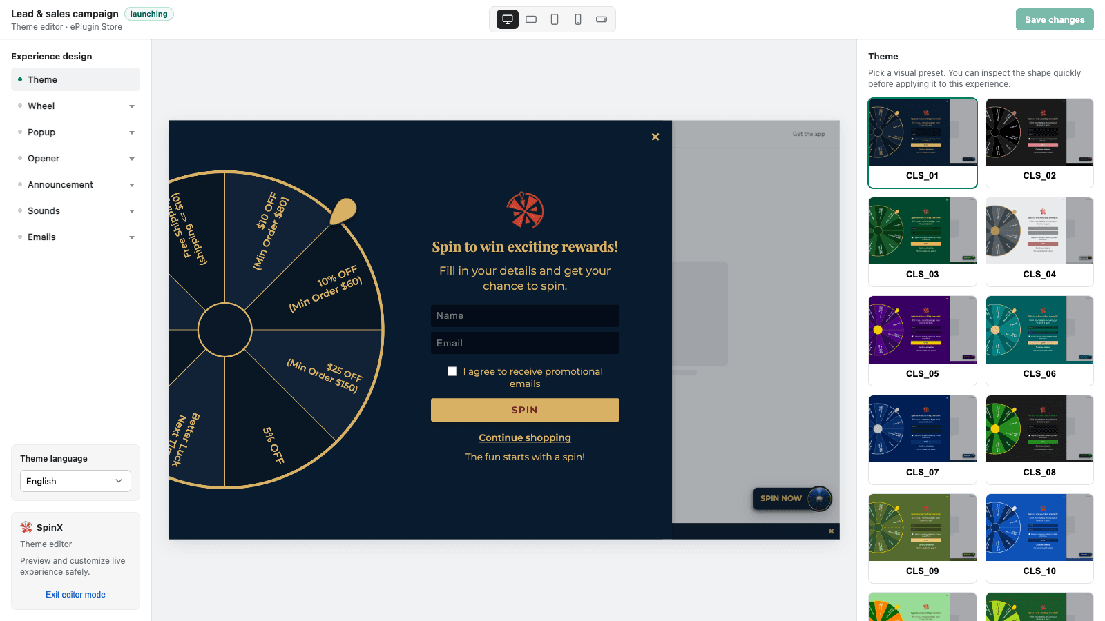 SpinX theme editor showing a storefront wheel popup and campaign theme presets