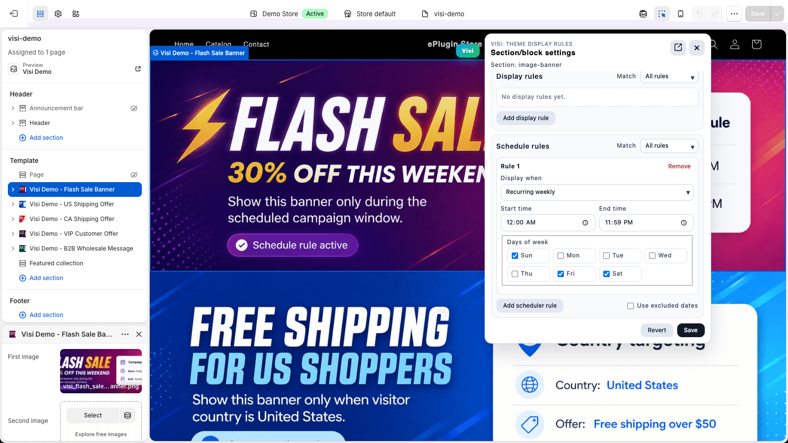 Visi schedule configuration for Shopify theme content