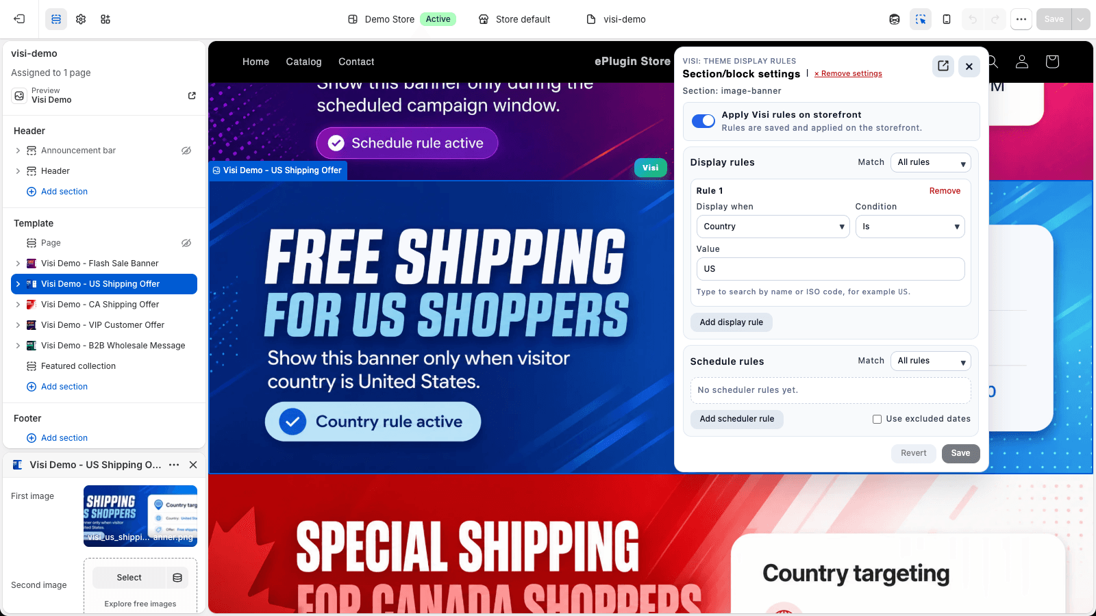 Visi theme editor panel with country targeting display rules for a Shopify section